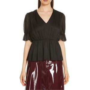 Lewit Black Peplum Blouse Top Jacquard Short Sleeve Silk V Neck Shirt Medium